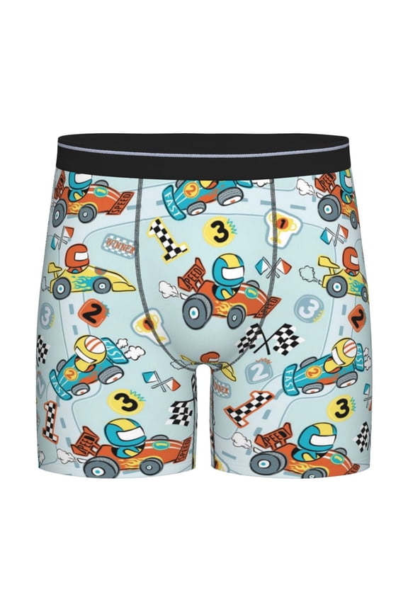 Cartoon Car Racing Print Boxer Briefs for Men's Stretch Moisture-Wicking Underwear, Mid-Rise Classics breathable fabric