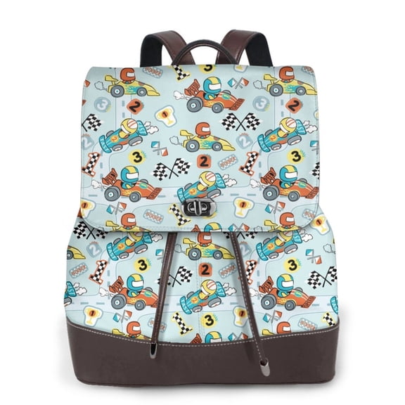 Xecao Cartoon Car Racing Print Large Backpack Soft Leather for Women Travel with Compartment, Adjustable Convertible Strap