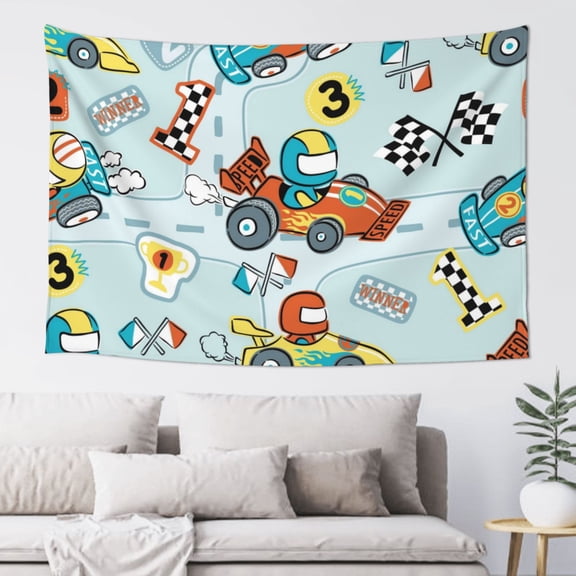 Xecao Cartoon Car Racing Print Tapestry, Wall Hanging Room Funny Decor, Backdrop Room Decor for Bedroom Living Room dormitory