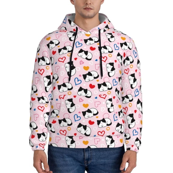 Xecao Cartoon Cat And Heart Pattern Men's Adult Pullover Hoodie,Hooded Sweatshirt-Medium
