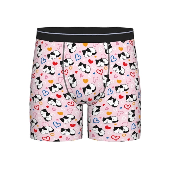 Xecao Cartoon Cat And Heart Print Boxer Briefs for Men's Stretch Moisture-Wicking Underwear, Mid-Rise Classics breathable fabric