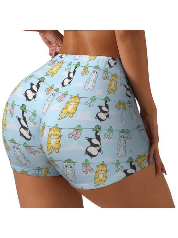Cartoon Cat Print Workout Shorts for Women Soft Smooth Gym Yoga Scrunch Active Tennis Workout Running Shorts-X-Large