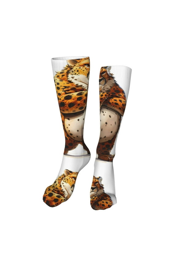 Cartoon Cheetah With Attitude Print Calf Socks Seamless Toe, Knee High Long Socks, Sports Socks Trouser Socks for Women and Men-One Size