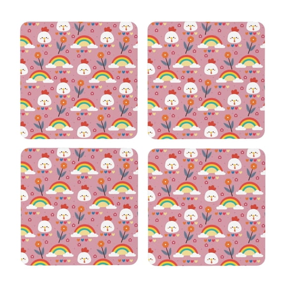 Xecao Cartoon Chicken for MDF Cork Coaster 4 Pcs,Drink Coasters,Suit for House Warming Gifts New Home ,Coffee Table Decor-Square
