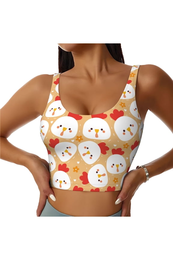 Cartoon Chicken for Sports Bra with Removable Pads, Crop Tank Top Design, Women's Longline Sports Bra - Non-Wired - Small