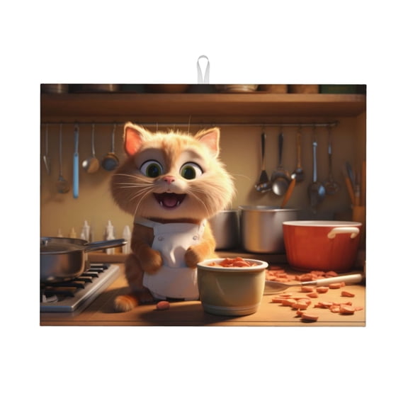 Xecao Cartoon Cooking Cat Patten Drying Mat,Dish Drying Mats for Kitchen Counter,Super Absorbent Dish Drying Pads 1824 Inch