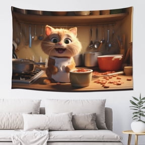 Xecao Cartoon Cooking Cat Print Tapestry, Wall Hanging Room Funny Decor, Backdrop Room Decor for Bedroom Living Room dormitory