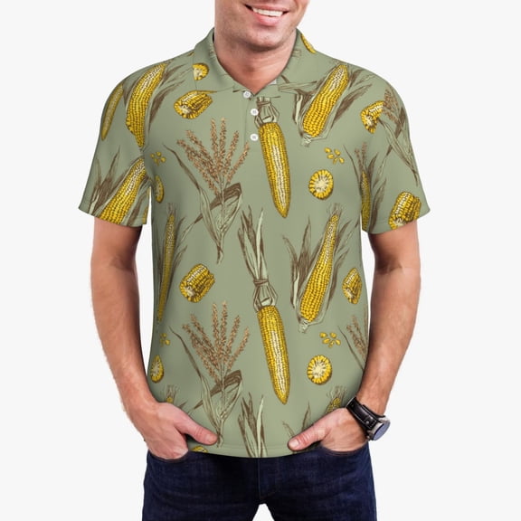 Xecao Cartoon Corn and Wheat Mens' Casual Short Sleeve Button-Down Polo Shirts for a Classic Golf Shirts-XX-Large