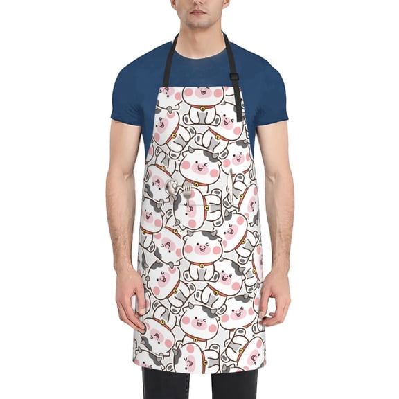 Xecao Cartoon Cow Print Kitchen Cooking Aprons, Waterproof Adjustable Bib Aprons with 2 Pockets for Women Men Chef