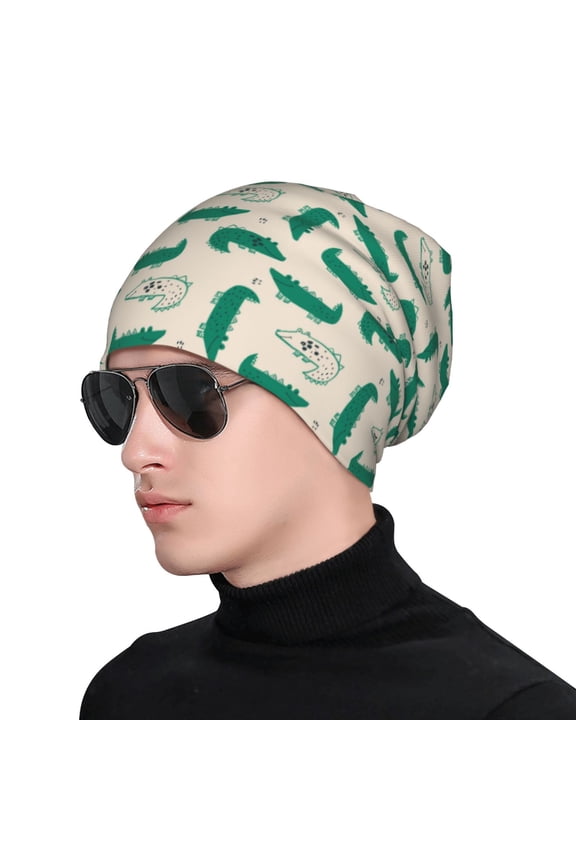 Cartoon Crocodile Print Beanie Knitted Hat for Men Women, Winter Fashion Knit Cuffed Caps Unisex