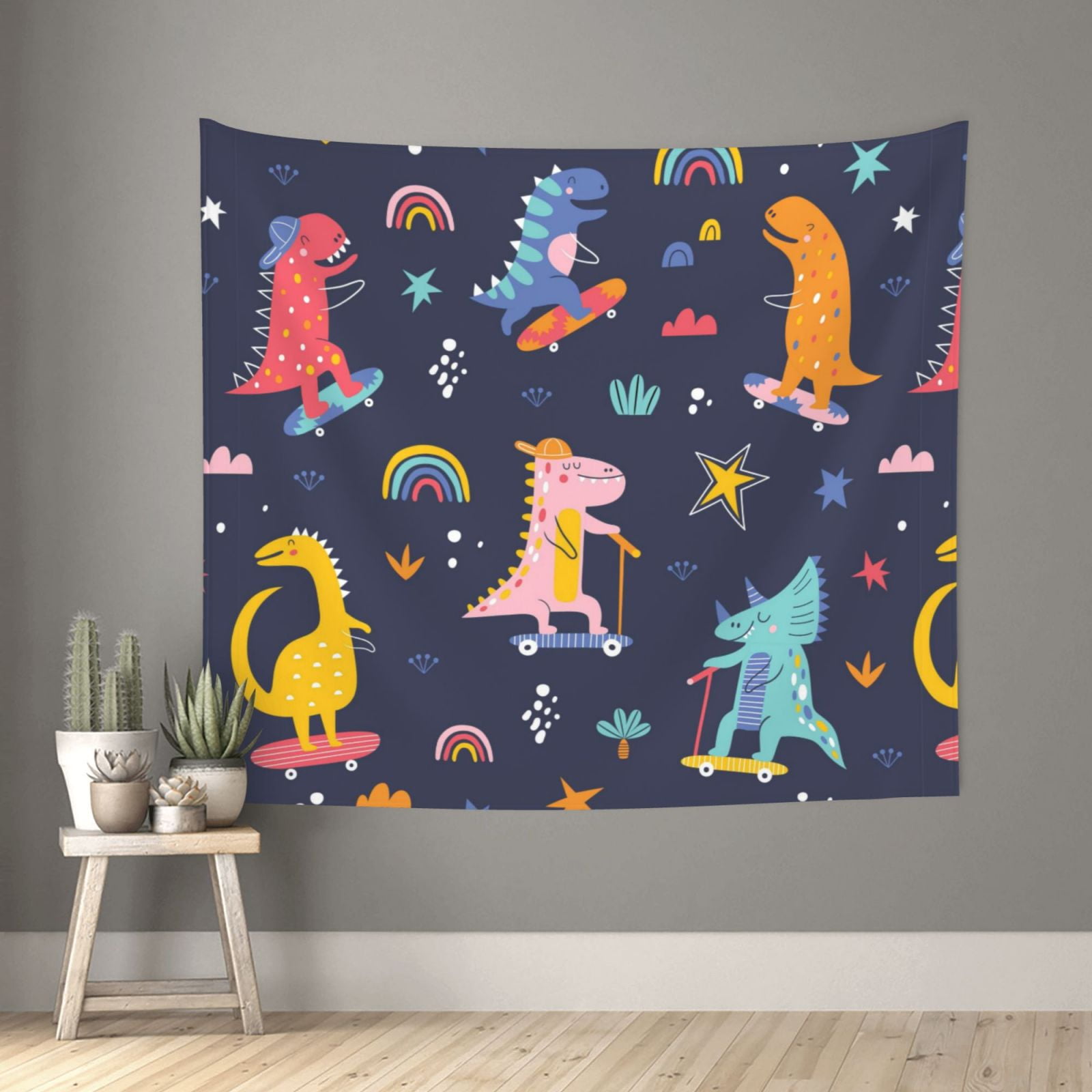 Xecao Cartoon Dinosaur Scooter Sport Blue patten Tapestry 60x51 Inches Wall Hanging Poster Tapestry for Living Room Bedroom Home Decor
