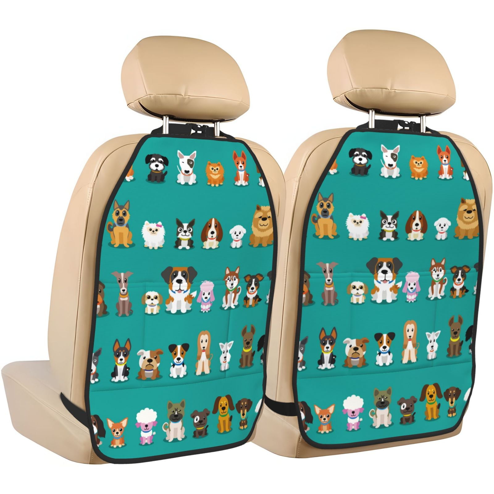 Xecao Cartoon Dogs Pattern Car Seat Back Protector 2 Pack Large Capacity Pocket, Kick Mats Back Seat Protector