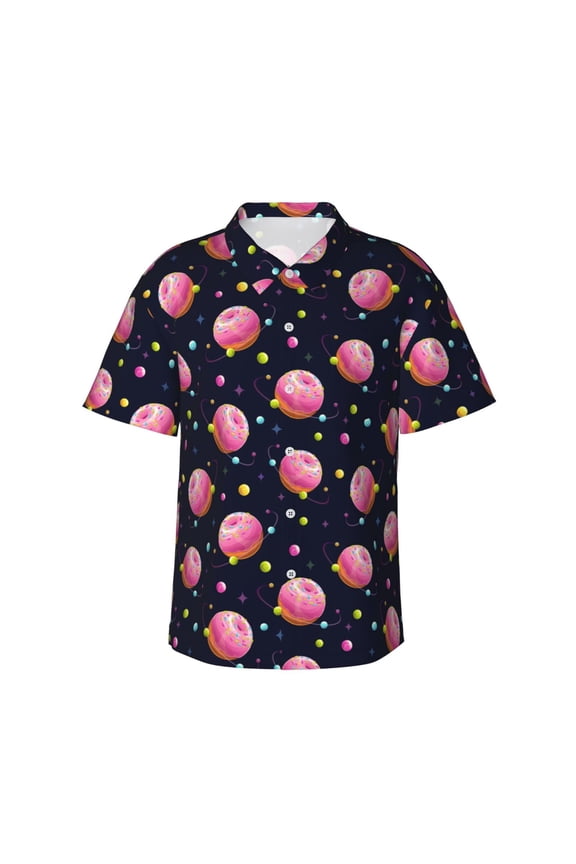 Cartoon Donut Planets print Hawaiian shirt - a stylish short-sleeve button-down for men, perfect for casual beach and tropical outings.