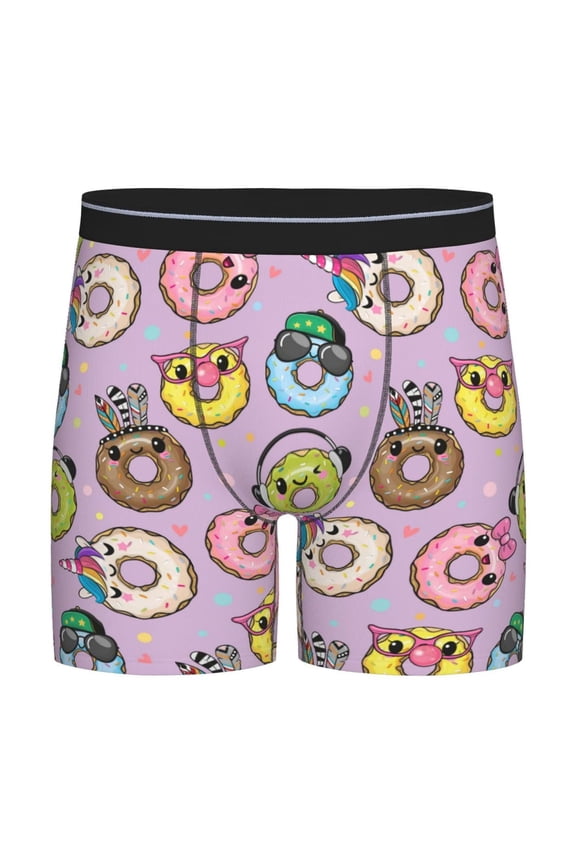 Cartoon Donuts Print Boxer Briefs for Men's Stretch Moisture-Wicking Underwear, Mid-Rise Classics breathable fabric