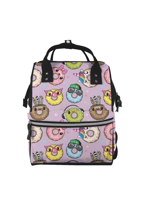 Cute Donuts print Large Capacity Nappy Bag is a multi-functional waterproof travel backpack, perfect as a nursing bag or mummy backpack for women