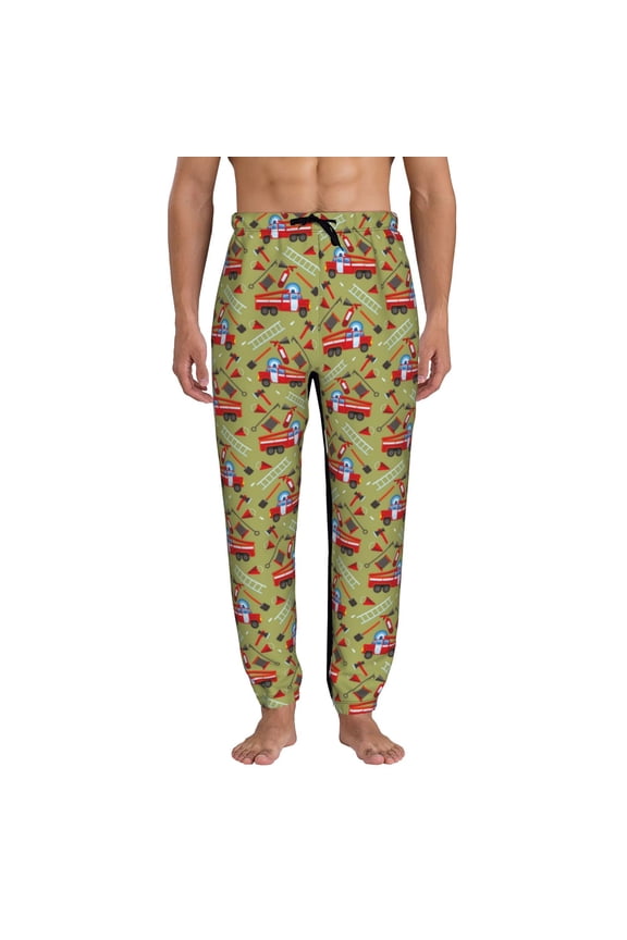 Cartoon Fire Truck Print Active Tech Joggers for Men, Mens Sweatpants Lounge Pants with Pockets-Small