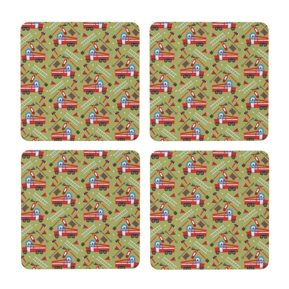 Xecao Cartoon Fire Truck for MDF Cork Coaster 4 Pcs,Drink Coasters,Suit for House Warming Gifts New Home ,Coffee Table Decor-Square