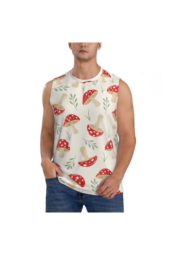 Cartoon Flat Mushrooms Print Men's Tank Top: Sleek Sleeveless Tee for Casual Sports and Beach Occasions-Small