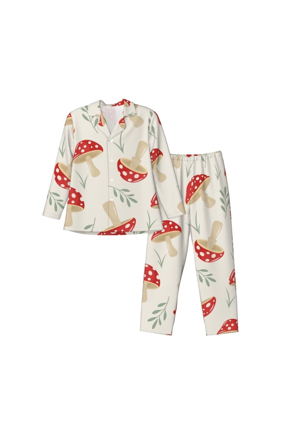 Cartoon Flat Mushrooms Print Pajamas Set Mens Pajamas Long Sleeve Loungewear Two-Piece Sleepwear Button-Down Pjs Set,2PJS-Medium