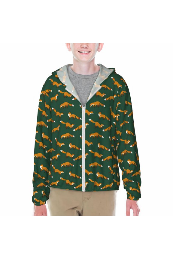 Cartoon Fox 1 Print Fishing Shirts for teenager Long Sleeve UV Sun Protection Hoodie with Zipper Outdoor Hiking Shirts-Large
