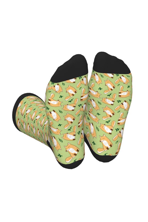 Cartoon Fox 2 Print Crew Socks for Men and Women, Men's Soft Moisture-wicking Sock