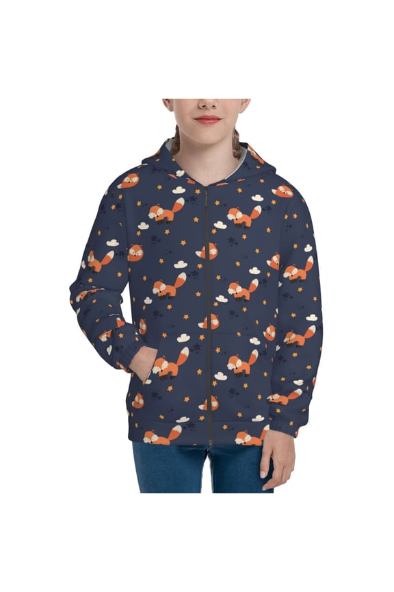 Cartoon Fox Pattern Zip Up Hoodies for Boys Girls, Sweatshirt with Pockets-Small