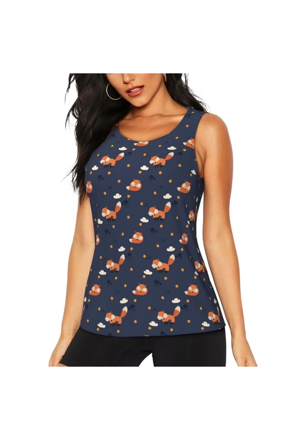 Cartoon Fox Print Women's Scoop Neck, Loose-Fit Workout Tank Tops for The Gym,Sleeveless T-shirt-XX-Large