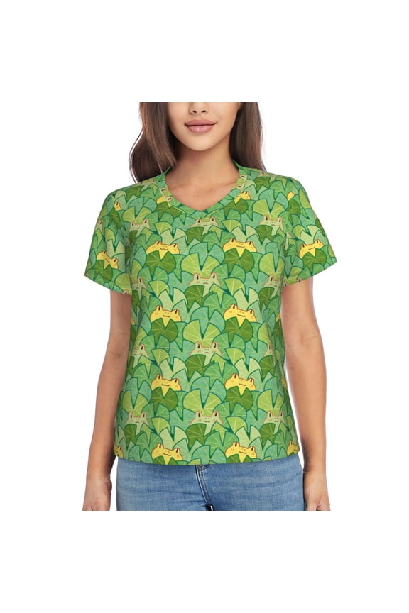 Cartoon Frog And Lotus Leaf for Women's V-Neck T-Shirts-Elegant Half-Sleeve Tops Perfect for Summer-Small