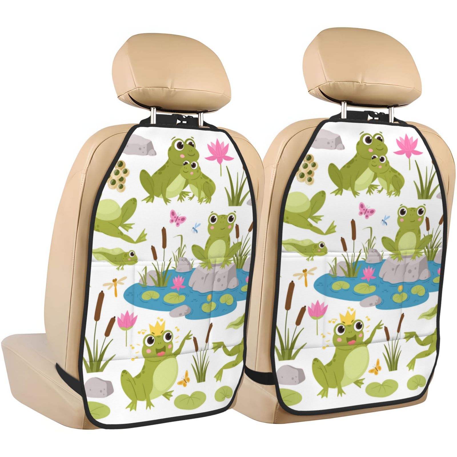 Xecao Cartoon Frogs Pattern Car Seat Back Protector 2 Pack Large Capacity Pocket, Kick Mats Back Seat Protector