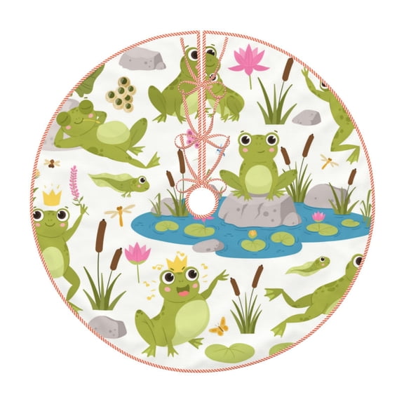 Xecao Cartoon Frogs Pattern Christmas Tree Skirt Round Xmas Tree Mat Base Cover for Holiday Home Decorations-36"