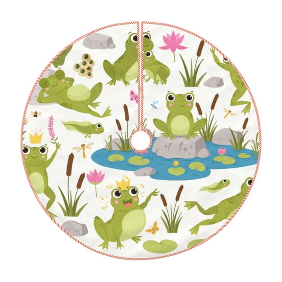 Xecao Cartoon Frogs Pattern Christmas Tree Skirt Round Xmas Tree Mat Base Cover for Holiday Home Decorations-36"
