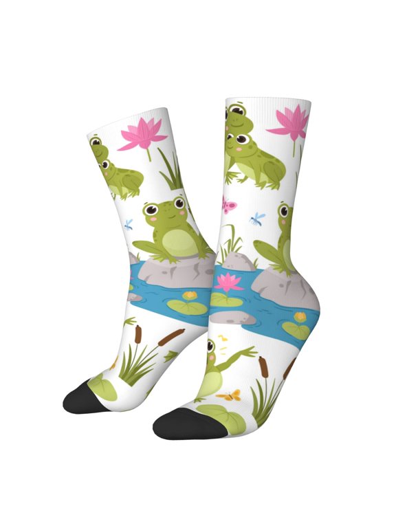 Cartoon Frogs Pattern Sport Socks for Women and Men Crew Socks Sporty Calf Socks Casual Socks