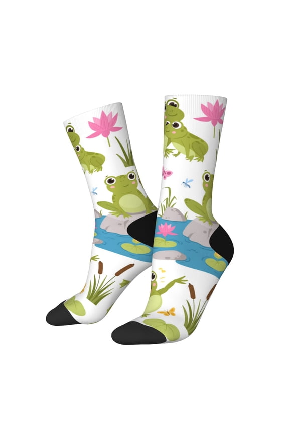 Cartoon Frogs Pattern Sport Socks for Women and Men Crew Socks Sporty Calf Socks Casual Socks