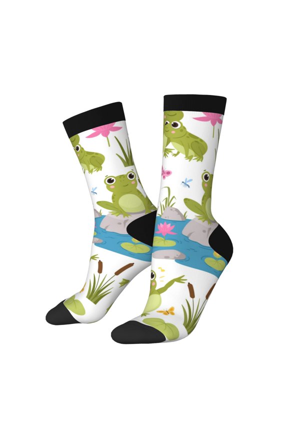 Cartoon Frogs Pattern Sport Socks for Women and Men Crew Socks Sporty Calf Socks Casual Socks