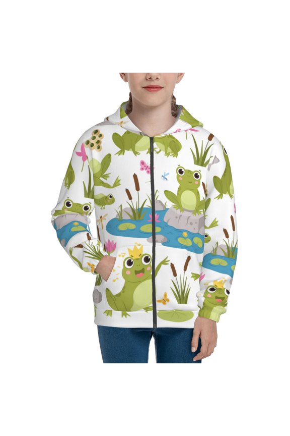 Cartoon Frogs Pattern Zip Up Hoodies for Boys Girls, Sweatshirt with Pockets-Small