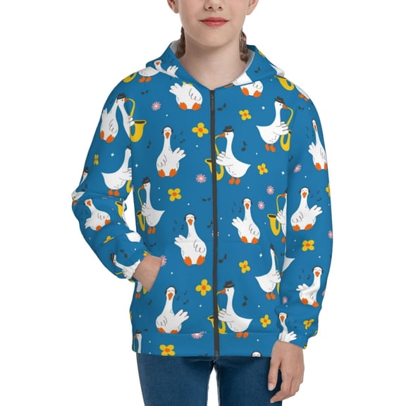 Xecao Cartoon Goose Pattern Zip Up Hoodies for Boys Girls, Sweatshirt with Pockets-Small