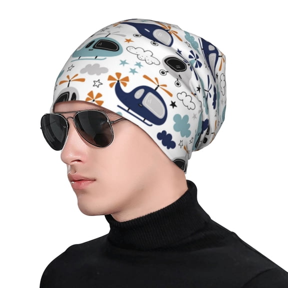 Xecao Cartoon Helicopters Print Beanie Knitted Hat for Men Women, Winter Fashion Knit Cuffed Caps Unisex
