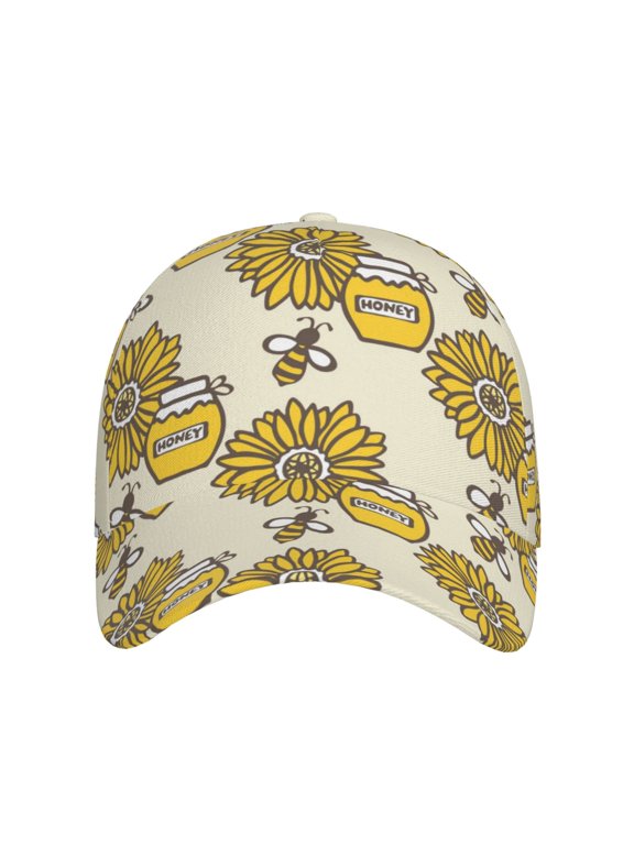 Cartoon Honey Pot Bee Sunflower for Baseball Cap: Unisex, crafted from classic polyester twill fabric, featuring a soft unconstructed design