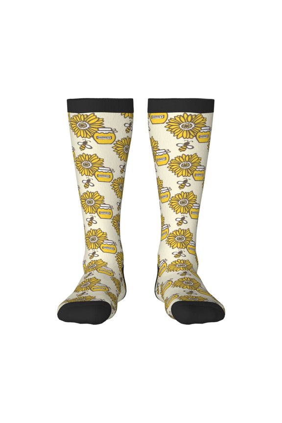 Cartoon Honey Pot Bee Sunflower print thigh-high socks, crafted for both men and women with a stretchy, high-opaque design perfect for daily wear