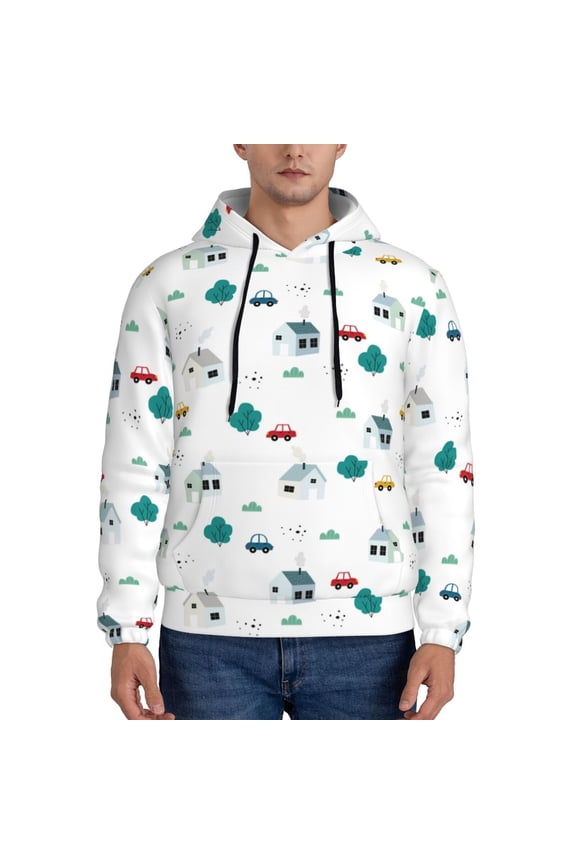 Cartoon House Car Pattern Men's Adult Pullover Hoodie,Hooded Sweatshirt-Large