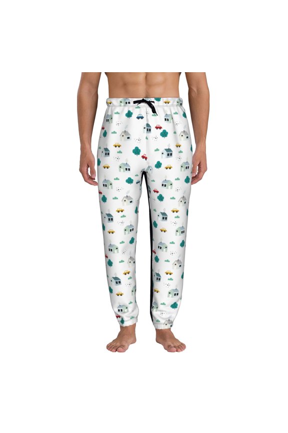 Cartoon House Car Print Active Tech Joggers for Men, Mens Sweatpants Lounge Pants with Pockets-Medium