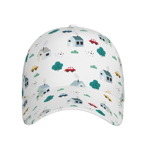 Xecao Cartoon House Car for Baseball Cap: Unisex, crafted from classic polyester twill fabric, featuring a soft unconstructed design