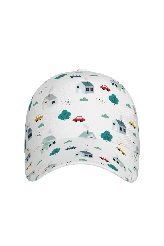 Cartoon House Car for Baseball Cap: Unisex, crafted from classic polyester twill fabric, featuring a soft unconstructed design