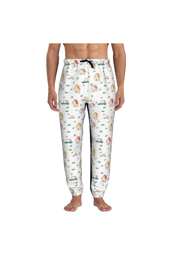 Cartoon House Print Active Tech Joggers for Men, Mens Sweatpants Lounge Pants with Pockets-Medium