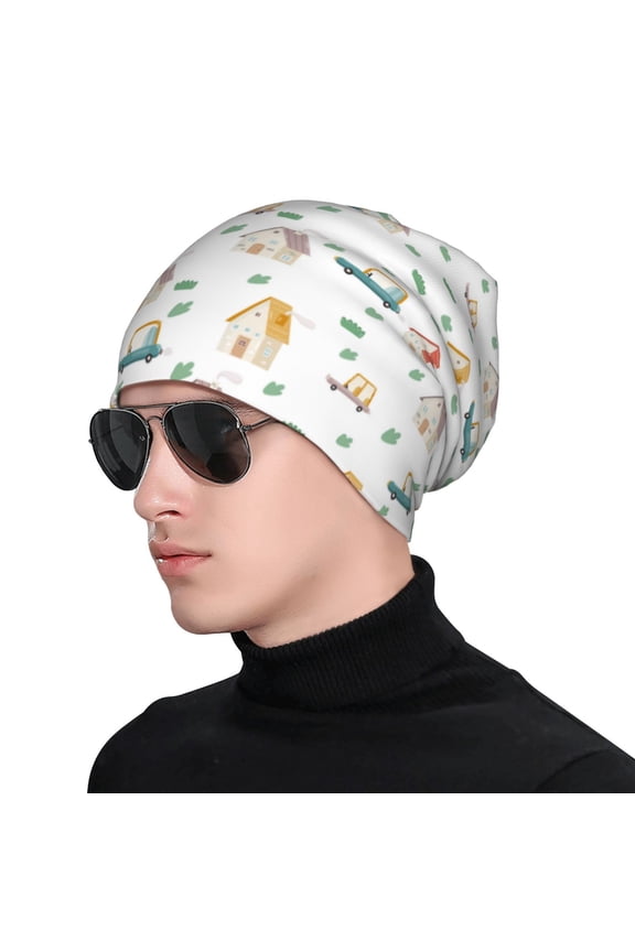 Cartoon House Print Beanie Knitted Hat for Men Women, Winter Fashion Knit Cuffed Caps Unisex