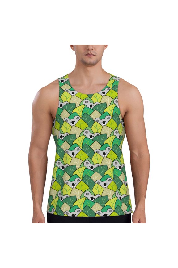 Cartoon Koala Bear and Leaf Men's Tank Top Workout Quick Dry Sleeveless Gym Jogging Muscle Shirts Summer Swim Beach Tops