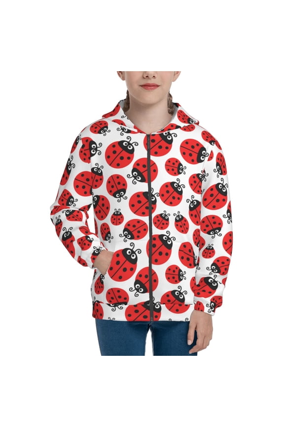 Cartoon Ladybug Pattern Zip Up Hoodies for Boys Girls, Sweatshirt with Pockets-Small