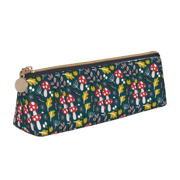 Xecao Cartoon Leaf Mushroom Red Print Leather Pencil Case -Stationery Bag Pen Holder for Work & Office