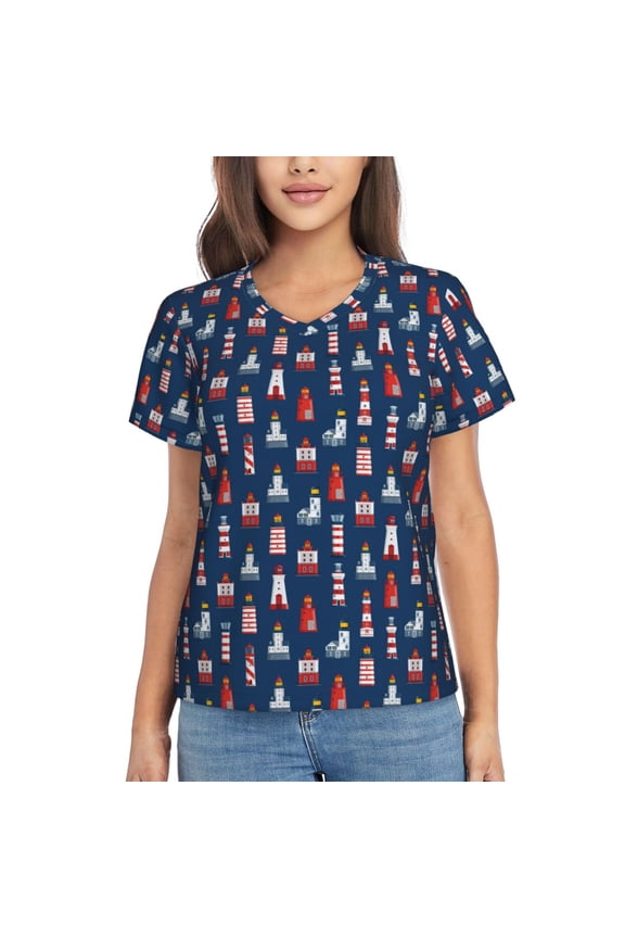 Cartoon Lighthouse for Women's V-Neck T-Shirts-Elegant Half-Sleeve Tops Perfect for Summer-3X-Large