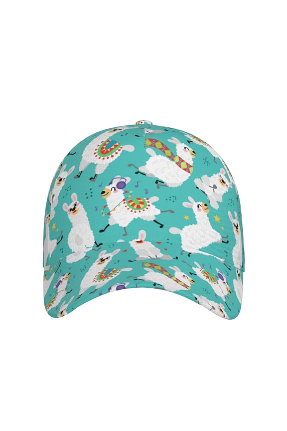 Cartoon Llamas for Baseball Cap: Unisex, crafted from classic polyester twill fabric, featuring a soft unconstructed design